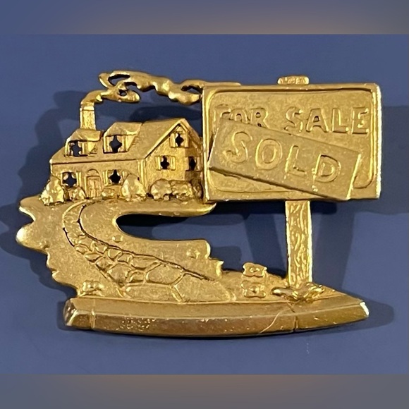 Gold House For Sale and Sold Sign Brooch - Picture 1 of 2